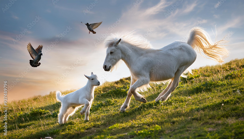 Obraz premium 夢中で遊んでいる仲良しのポニーの子供と子ヤギ