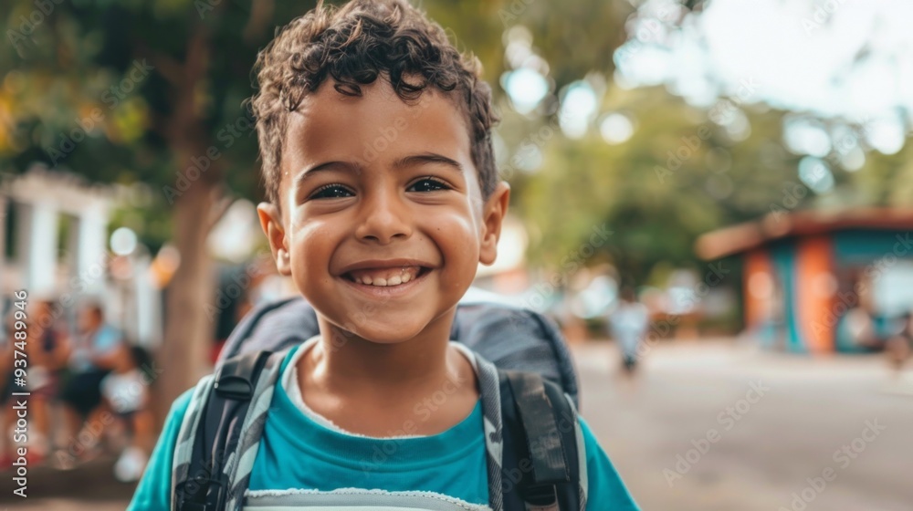 A smiling boy with a school bag goes to school A smiling boy with a school bag goes to school
