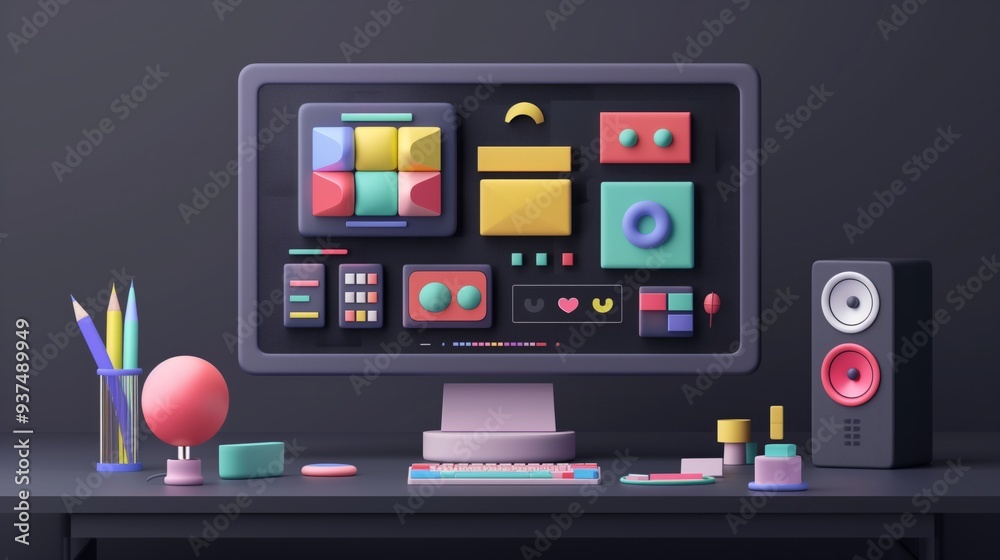 Mockup 3D monitor with user interface elements for web design Software creator. User interface, user experience design. A set of tools for creating UI UX. Web development. Vector illustration 3D style Mockup 3D monitor with user interface elements for web design Software creator. User interface, user experience design. A set of tools for creating UI UX. Web development. Vector illustration 3D style