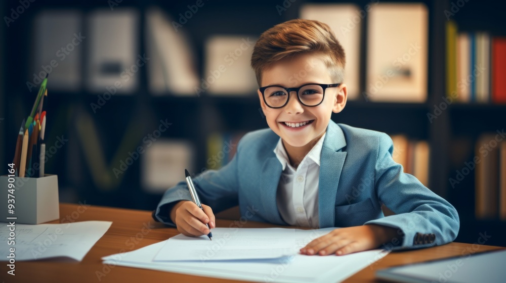 Smiling school boy doing homework in a suit Smiling school boy doing homework in a suit