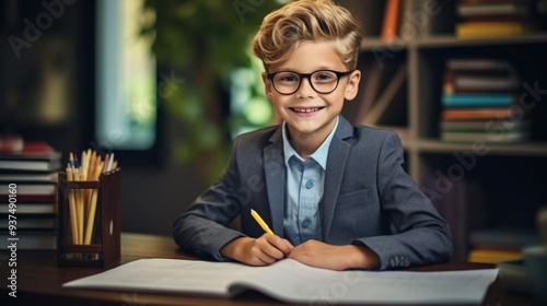 Smiling school boy doing homework at home