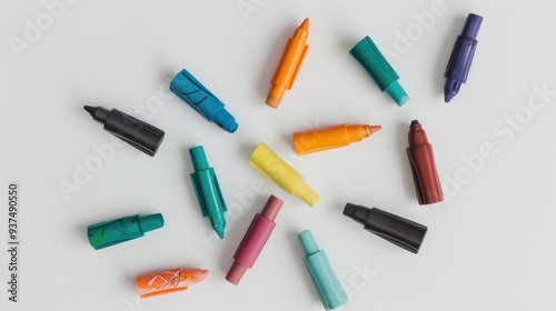 Colorful markers scattered on white surface forming a circle