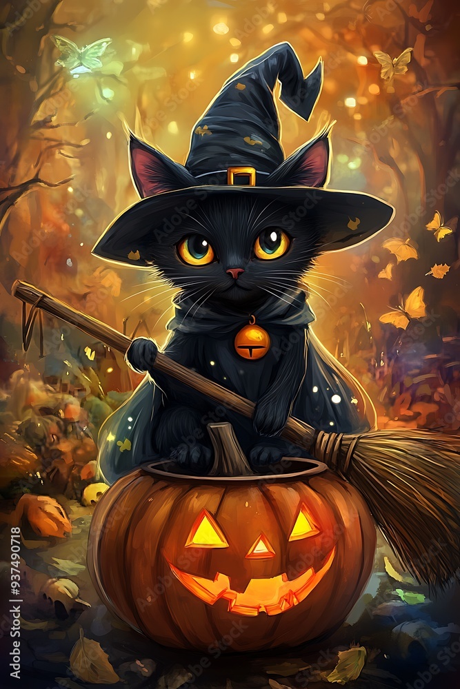 black cat in witch hat with pumpkin lantern and broom, magical happy Halloween wallpaper, mystical fantasy digital art concept, holiday pet illustration black cat in witch hat with pumpkin lantern and broom, magical happy Halloween wallpaper, mystical fantasy digital art concept, holiday pet illustration