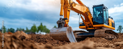 Close-up of an excavator performing earthmoving tasks at a construction site, showcasing heavy machinery and excavation work.