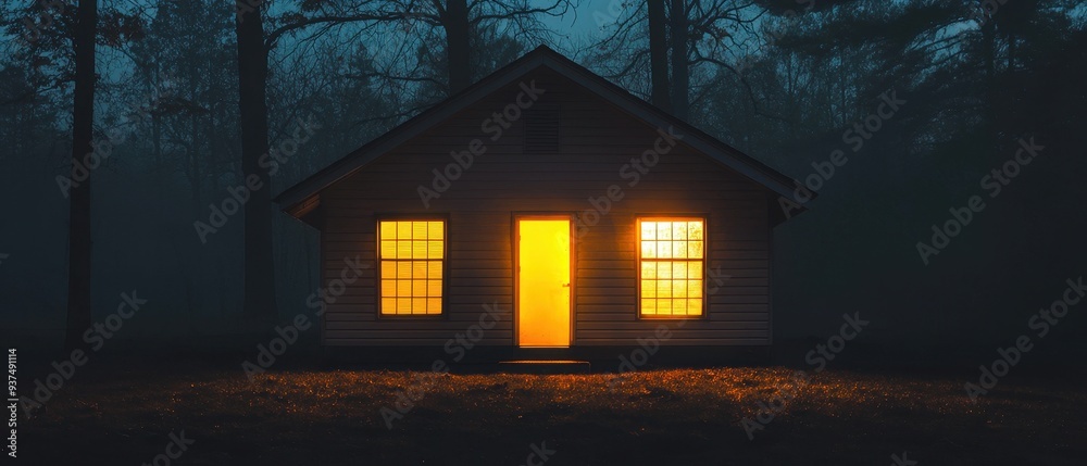 Cozy Cabin Glowing in the Misty Forest at Night Cozy Cabin Glowing in the Misty Forest at Night