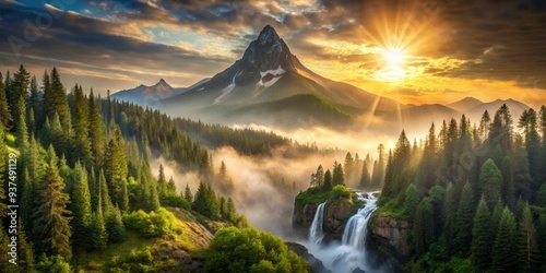 Mountain peak soars above misty forest, sun's warm rays glisten on earthy terrain, as waterfall's melodic hum harmonizes with nature's palette, inviting serenity and thrill. photo