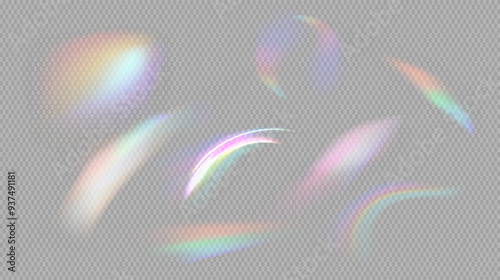 Blurred Rainbow Refraction Blurred overlay effect. Holographic Reflection Light lens prism effect on transparent background. Vector Crystal flare leak shadow overlay. Abstract illustration