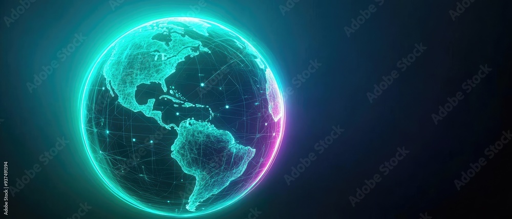 A glowing digital globe showcasing vibrant connections across continents, perfect for tech or environmental themes.