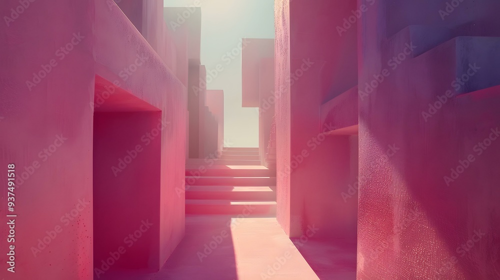 Pink Concrete Architecture with Stairs and Sunlight Pink Concrete Architecture with Stairs and Sunlight