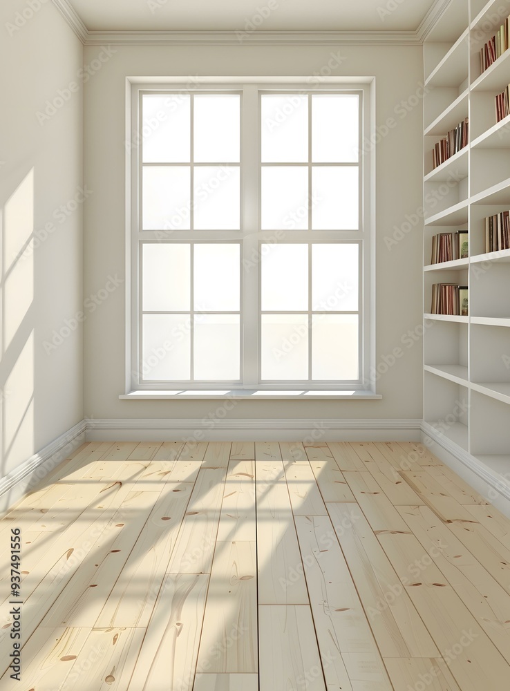 Fototapeta premium Empty White Room With Bookshelves and Large Window