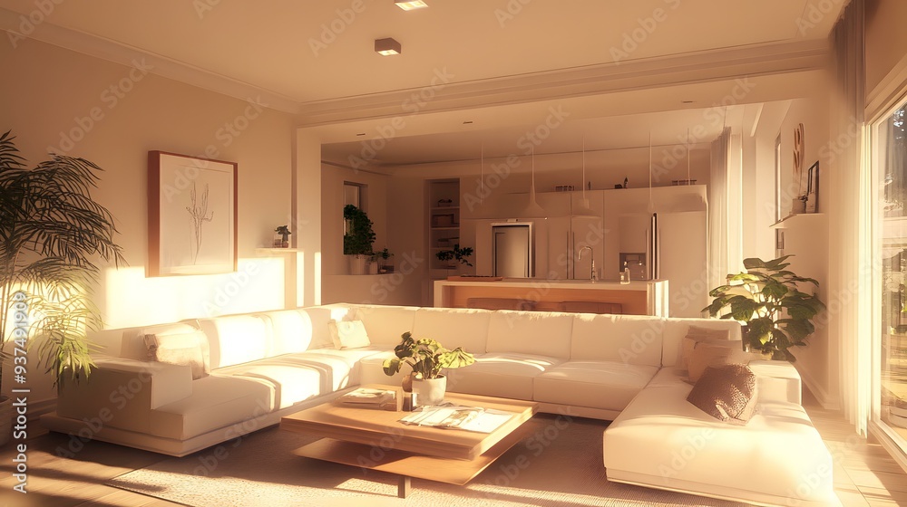 Fototapeta premium Modern Living Room Interior Design With White Sofa and Wooden Coffee Table