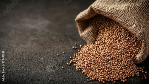 Organic buckwheat spilling from a sack, detailed close-up, earthy tones, 3D illustration