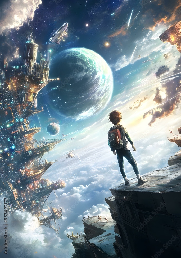 Naklejka premium A Boy Stands on a Cliff Looking Out Over a Futuristic City in the Clouds