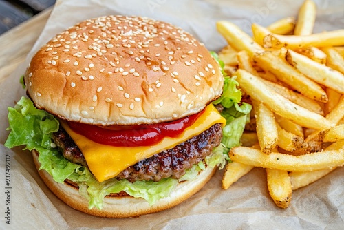 A delicious cheeseburger with lettuce, ketchup, and fries.