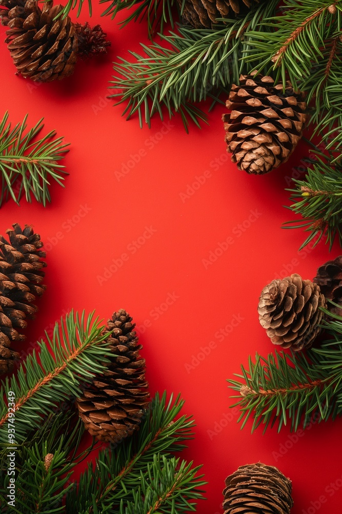Christmas tree branches with pine cones on red background Christmas tree branches with pine cones on red background