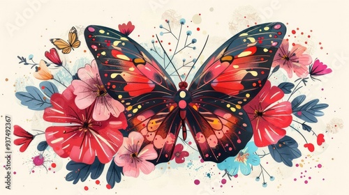 Hand-drawn spring greeting typography with blooming flowers and a butterfly, lively and colorful spring theme