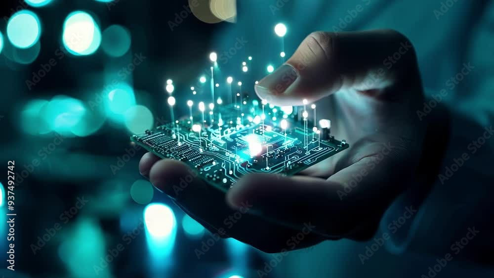 Businessman is holding a circuit board with a cpu, representing innovative production processes and technological advancements in business