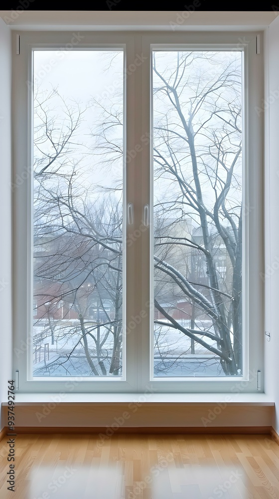 White Window With View Of Trees In Winter White Window With View Of Trees In Winter