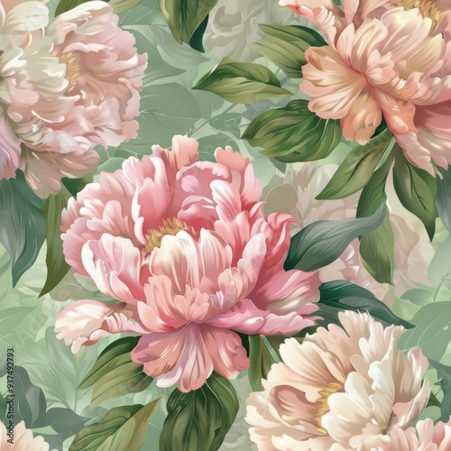 Seamless design of peony blossoms in soft pinks and lush greens, whimsical and charming floral pattern