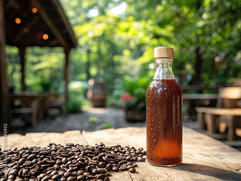 A cold brew coffee made from organic beans, served in a recycled glass bottle, outdoor setting with natural textures, organic beverage, earthy and sustainable A cold brew coffee made from organic beans, served in a recycled glass bottle, outdoor setting with natural textures, organic beverage, earthy and sustainable