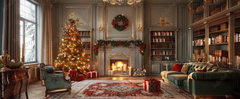 Classical Christmas decorated interior living room library with fireplace. Christmas tree with red golden ornament decorations. Modern classic style interior design apartment. Christmas eve at home Classical Christmas decorated interior living room library with fireplace. Christmas tree with red golden ornament decorations. Modern classic style interior design apartment. Christmas eve at home