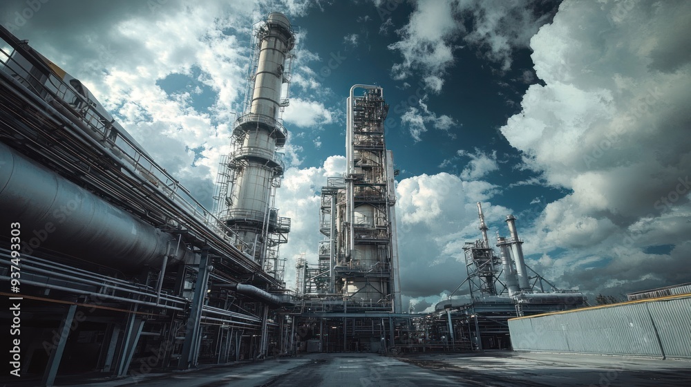 Industrial complex with tall metal structures and cloudy sky Industrial complex with tall metal structures and cloudy sky