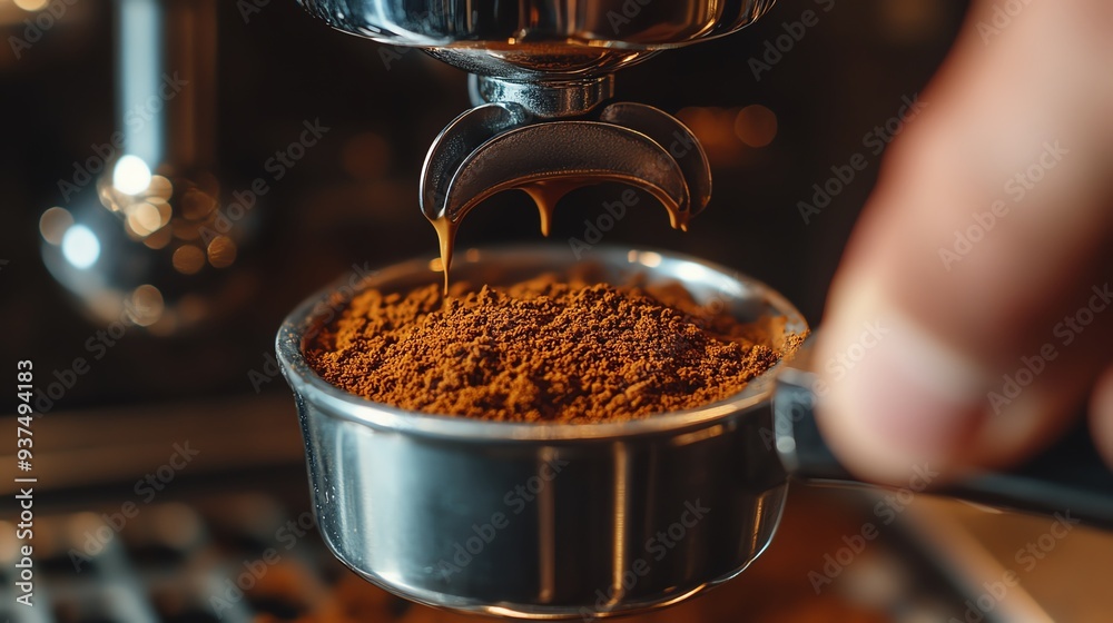 Closeup of freshly ground coffee being tamped into a portafilter, barista preparing an espresso, artisan coffee craft, focused and skilled Closeup of freshly ground coffee being tamped into a portafilter, barista preparing an espresso, artisan coffee craft, focused and skilled