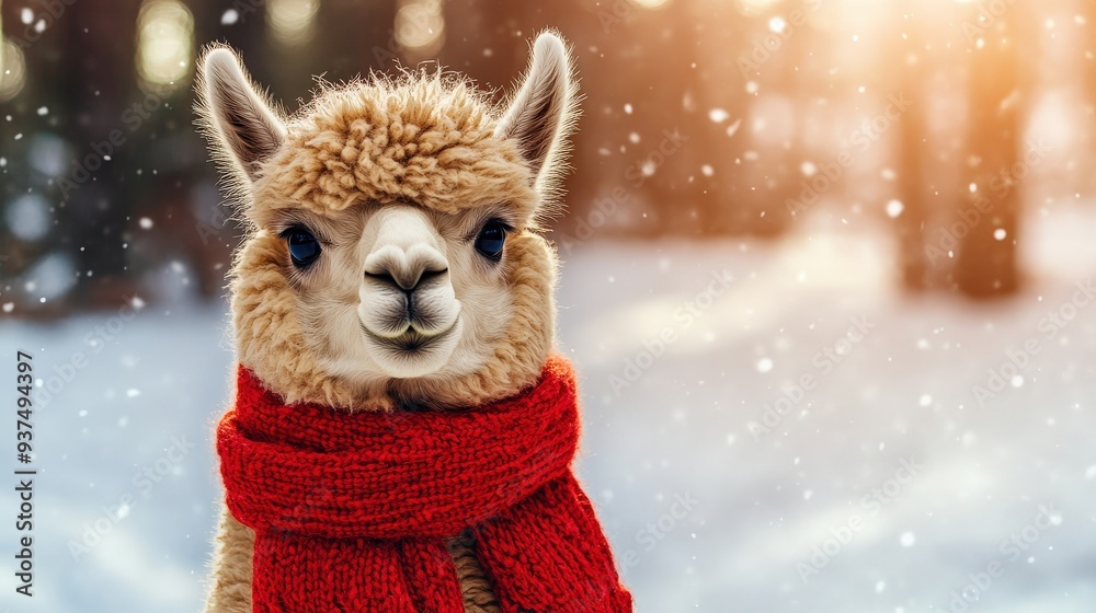 A cute alpaca wearing a red scarf and standing in the snow. The image has a warm and cozy feeling, as the llama is dressed for the cold weather A cute alpaca wearing a red scarf and standing in the snow. The image has a warm and cozy feeling, as the llama is dressed for the cold weather