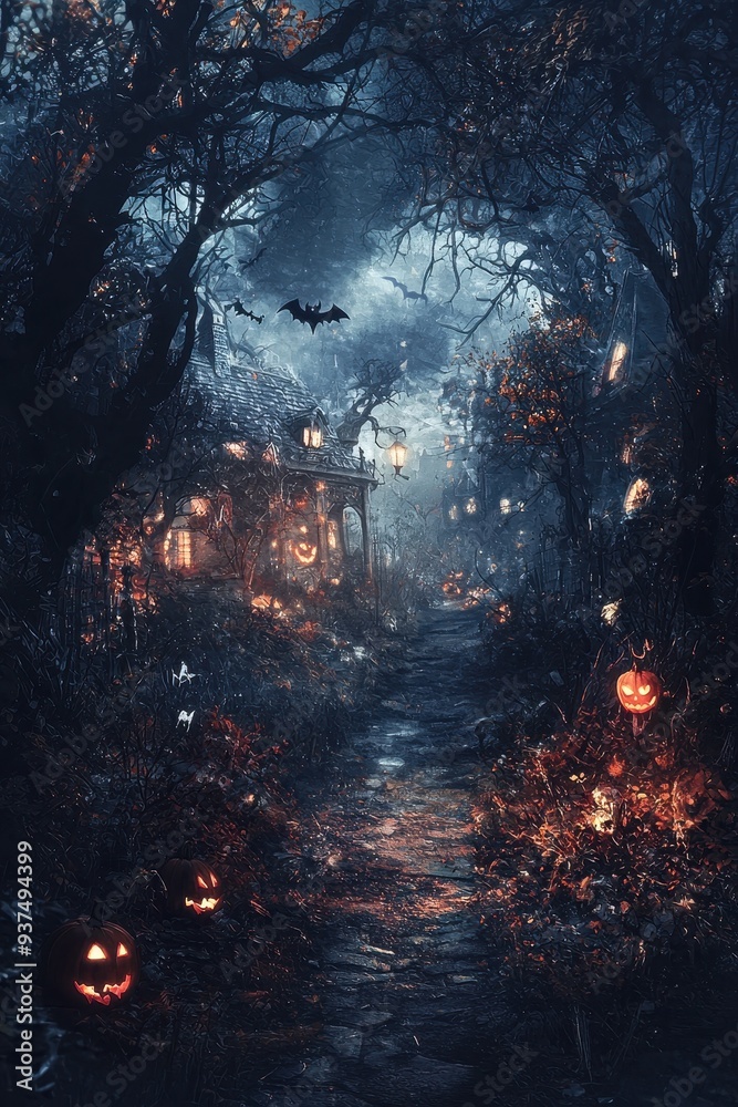Enchanted Halloween Forest Pathway with Carved Pumpkins and Haunting Atmosphere Enchanted Halloween Forest Pathway with Carved Pumpkins and Haunting Atmosphere