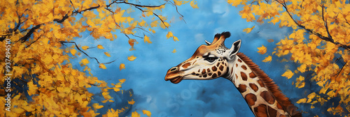 Whimsical giraffe munching on tree leaves photo