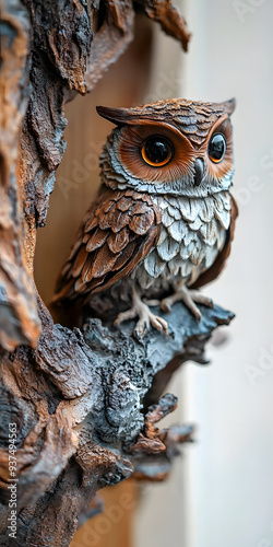 Whimsical owl perched on a tree branch photo