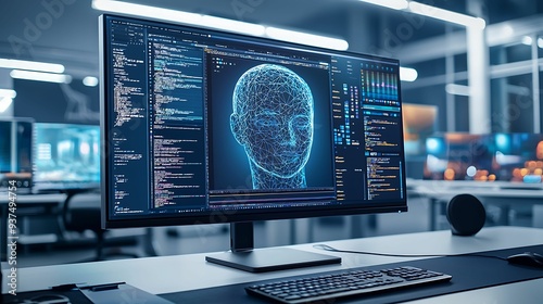 An advanced AI system generating and editing images with precision, displayed on a state-of-the-art monitor in a designer's workspace, surrounded by creative elements, copy space for text,