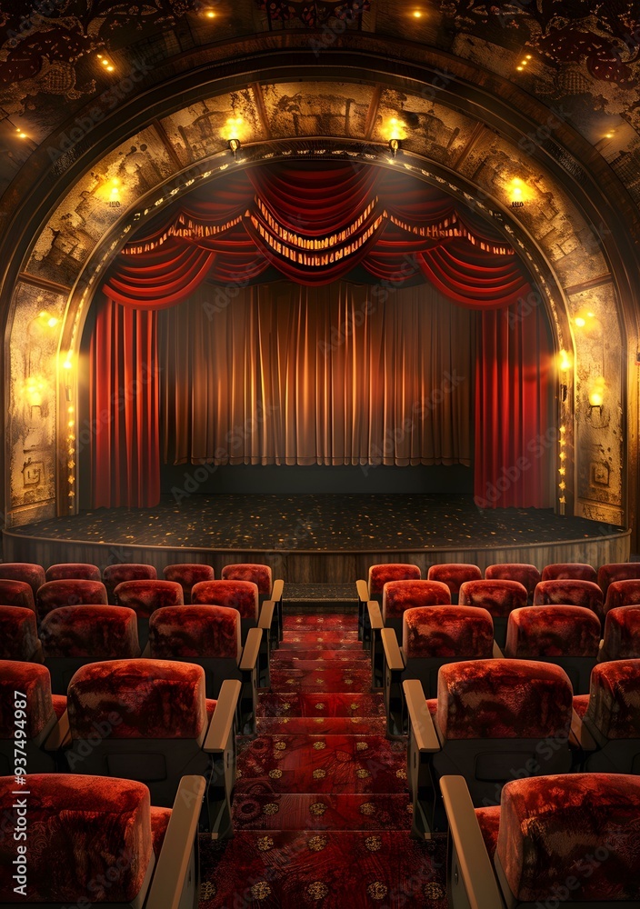 Fototapeta premium Vintage Theater Stage with Red Curtains and Empty Seats