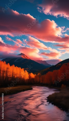 A serene landscape featuring a river, mountains, and vibrant autumn foliage under a colorful sky.