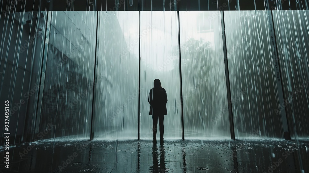 Fototapeta premium silhouette of person watching rain , lone figure at window , rain cascading down window
