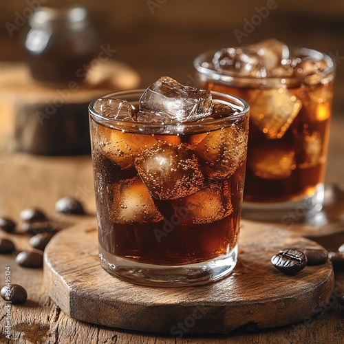 Glass of coldbrew coffee with ice cubes, rustic cafe setting, warm tones, refreshing drink, energizing and cool photo