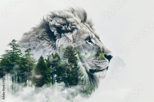 Double exposure lion silhouette with mountain pine forest landscape design on white background photo