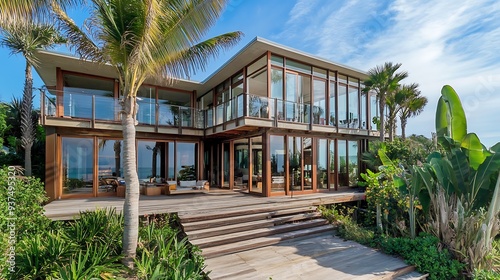 Spacious beach house with a wraparound deck, tall palm trees, and large glass windows offering ocean views photo