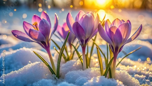 Golden morning light whispers through delicate petals vibrant purple crocus blooms bursting forth from frosty white snowcover landscape photo