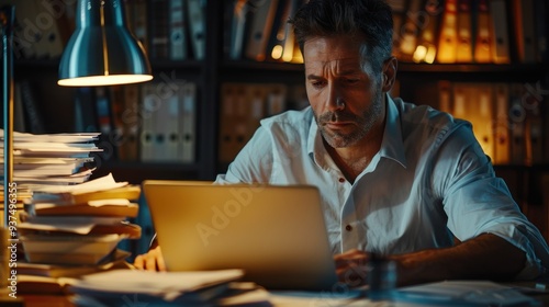 Office Marathon: Young consultant, with his dress shirt sleeves rolled up, works late at his desk, typing on his laptop while surrounded by documents, in a dimly lit room by desk lamp. 