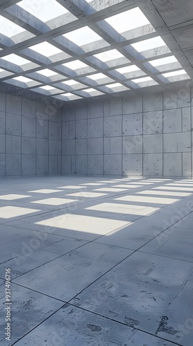 Concrete Room with Grid Ceiling and Sunbeams