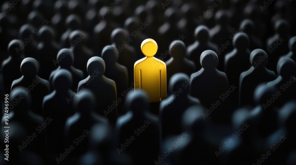 Fototapeta premium Golden figure standing out among black figures in crowd representing strong leadership and individuality, showcasing contrast in group setting, unique presence