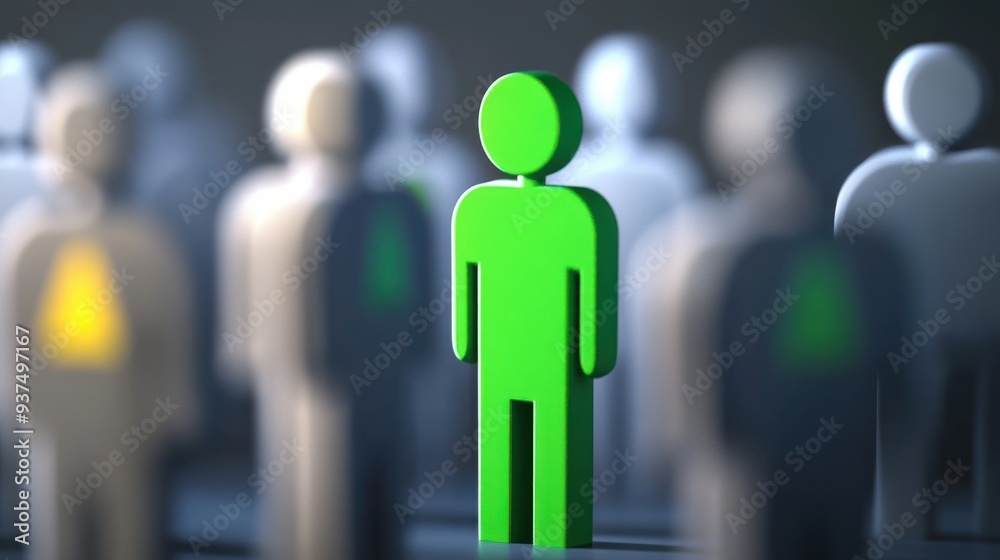 Green figure standing out among gray figures symbolizing strong leadership and individuality, contrast in group setting, leadership concept Green figure standing out among gray figures symbolizing strong leadership and individuality, contrast in group setting, leadership concept