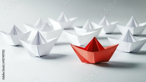 A group of white paper boats with one red boat leading showing strong leadership, colorful paper crafts, teamwork and guidance