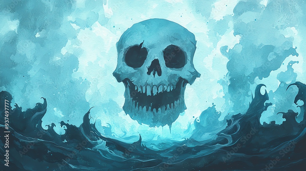 Eerie skull emerging from turbulent ocean waters, creating a spooky and mysterious atmosphere in this digital artwork. Eerie skull emerging from turbulent ocean waters, creating a spooky and mysterious atmosphere in this digital artwork.