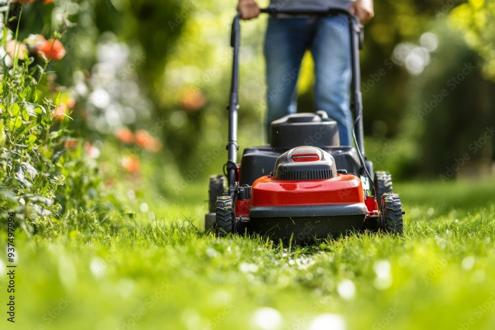A man is using a modern lawnmower to skillfully mow a lush green lawn in a beautiful, bright garden A man is using a modern lawnmower to skillfully mow a lush green lawn in a beautiful, bright garden