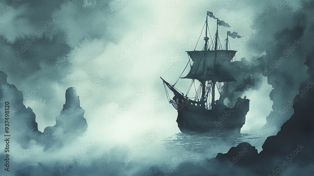 Obraz premium Mysterious ship sailing through foggy sea, creating an eerie and atmospheric scene with dark, misty surroundings.