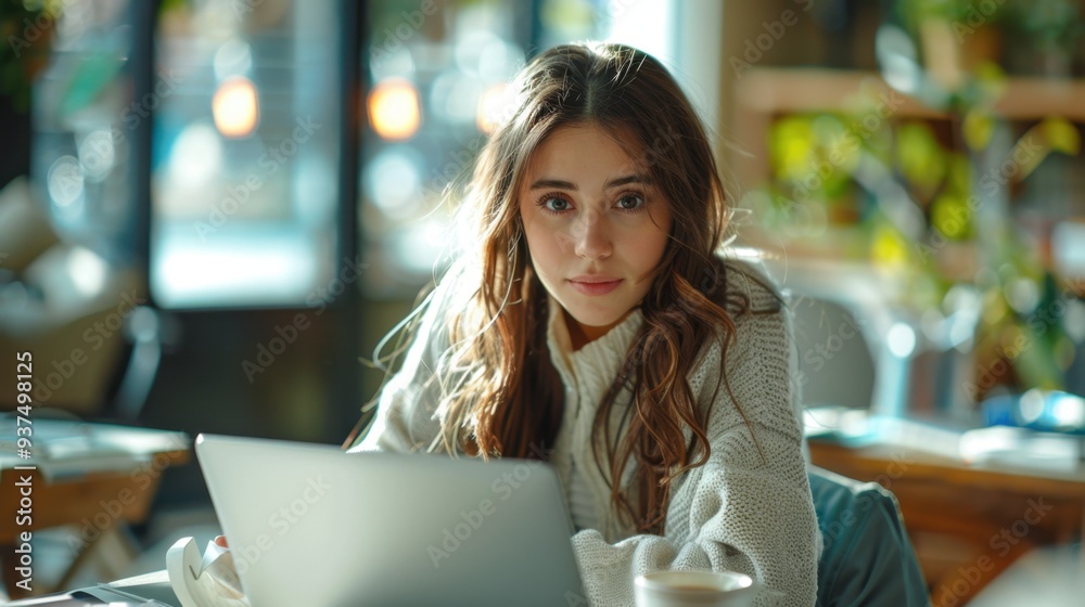 Focused Workspace: At a co-working table, the businesswoman in smart casual attire types on her laptop, a coffee cup beside her, intensely working on a proposal.
Focused Workspace: At a co-working table, the businesswoman in smart casual attire types on her laptop, a coffee cup beside her, intensely working on a proposal.