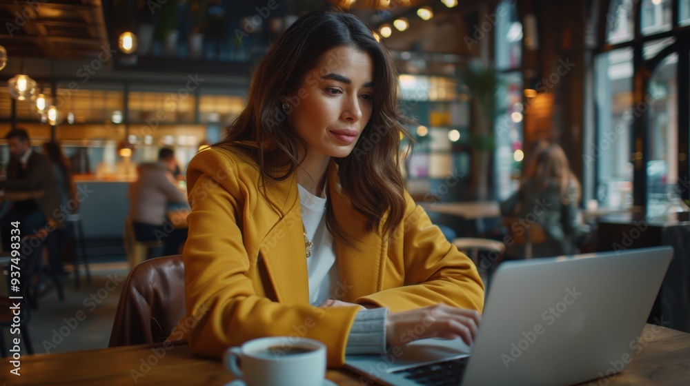 Co-Working Focus: Businesswoman in smart casual attire sits at a communal table, typing on her laptop with coffee beside her, deeply focused on a proposal.
Co-Working Focus: Businesswoman in smart casual attire sits at a communal table, typing on her laptop with coffee beside her, deeply focused on a proposal.