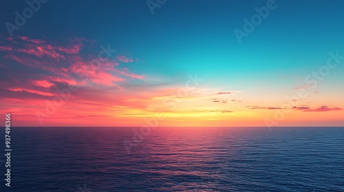 Colorful sunset over ocean with pink and blue clouds, capturing the serene beauty of a tranquil evening by the sea.